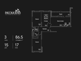 Планировка трехкомнатной(квартира) площадью 86.5 квадратных метров в “ЖК Рассказово”