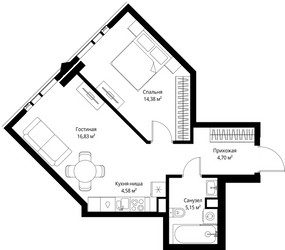 Планировка однокомнатной(квартира) площадью 45.81 квадратных метров в ЖК “ЖК Джойс”