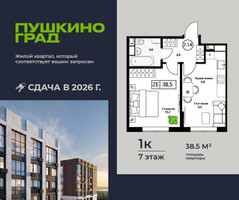 Планировка однокомнатной(квартира) площадью 38.5 квадратных метров в “ЖК Пушкино Град”