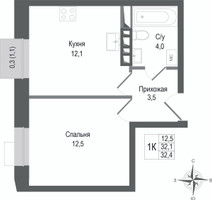 Планировка однокомнатной(квартира) площадью 32.1 квадратных метров в “ЖК КИНОКВАРТАЛ”