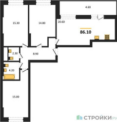 Планировка трехкомнатной(квартира) площадью 86.1 квадратных метров в ЖК “ЖК Рассказово”