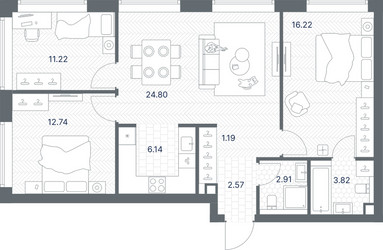 Планировка трехкомнатной(квартира) площадью 81.61 квадратных метров в ЖК “ЖК TATE (Тэйт)”