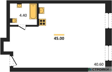 Планировка студии(квартира) площадью 45 квадратных метров в ЖК “ЖК Резиденции Архитекторов”