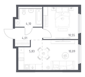 Планировка однокомнатной(квартира) площадью 34.58 квадратных метров в ЖК “ЖК Пригород Лесное”