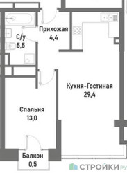 Планировка однокомнатной(квартира) площадью 52.6 квадратных метров в ЖК “ЖК Ренессанс”