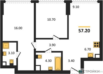 Планировка двухкомнатной(квартира) площадью 57.2 квадратных метров в ЖК “ЖК А22”