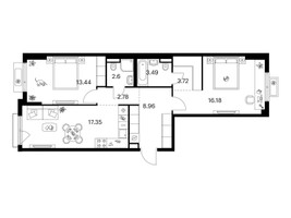 Планировка двухкомнатной(квартира) площадью 68.52 квадратных метров в “ЖК Ильинские луга”