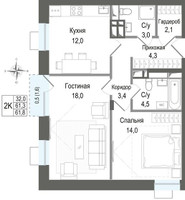 Планировка двухкомнатной(квартира) площадью 61.3 квадратных метров в “ЖК КИНОКВАРТАЛ”