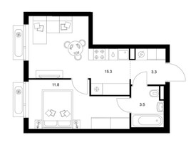Планировка однокомнатной(квартира) площадью 33.9 квадратных метров в “ЖК Зеленый парк”