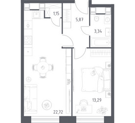 Планировка однокомнатной(апартаменты) площадью 46.37 квадратных метров в ЖК “ЖК Пятницкое 58 (Перец)”