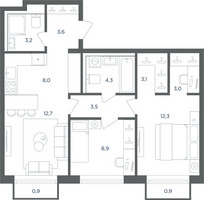 Планировка трехкомнатной(квартира) площадью 63.2 квадратных метров в “ЖК Равновесие”