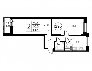 Планировка двухкомнатной(квартира) площадью 61.4 квадратных метров в ЖК “ЖК Космос”