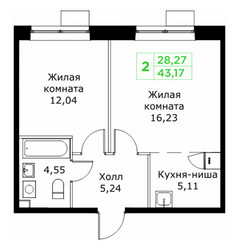 Планировка двухкомнатной(квартира) площадью 43.17 квадратных метров в ЖК “ЖК КИТ 2”