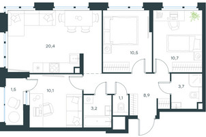 Планировка трехкомнатной(квартира) площадью 70.1 квадратных метров в “ЖК Level Лесной”