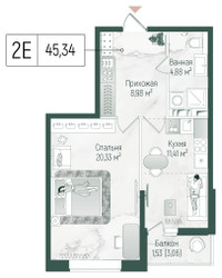 Планировка однокомнатной(квартира) площадью 47.12 квадратных метров в ЖК “ЖК Рига Хиллс”