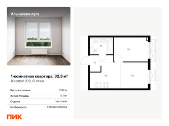 Планировка однокомнатной(квартира) площадью 32.3 квадратных метров в ЖК “ЖК Ильинские луга”