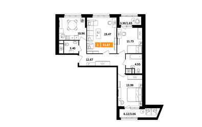 Планировка трехкомнатной(квартира) площадью 81.87 квадратных метров в ЖК “ЖК Планерный Квартал”