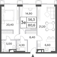 Планировка трехкомнатной(квартира) площадью 80.6 квадратных метров в “ЖК Will Towers (Вилл Тауэрс)”