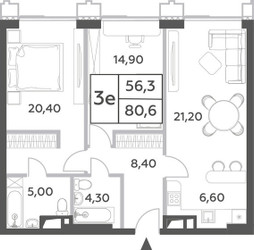 Планировка трехкомнатной(квартира) площадью 80.6 квадратных метров в ЖК “ЖК Will Towers (Вилл Тауэрс)”