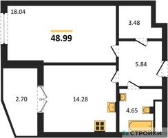 Планировка однокомнатной(квартира) площадью 48.99 квадратных метров в “ЖК Sezar City (Сезар Сити)”
