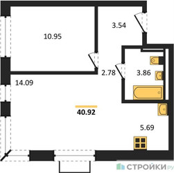 Планировка однокомнатной(квартира) площадью 40.91 квадратных метров в ЖК “ЖК Новое Видное”