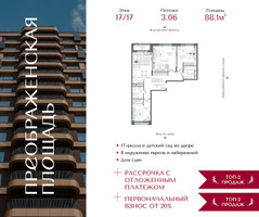 Планировка трехкомнатной(квартира) площадью 88.1 квадратных метров в “ЖК Преображенская Площадь”