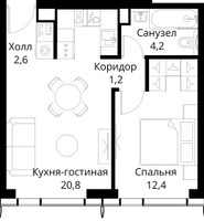 Планировка однокомнатной(квартира) площадью 41.2 квадратных метров в “ЖК Сити Бэй”