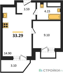 Планировка однокомнатной(квартира) площадью 33.29 квадратных метров в ЖК “ЖК ВОСТОК II”
