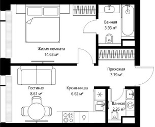 Планировка однокомнатной(квартира) площадью 39.84 квадратных метров в ЖК “ЖК Веер”