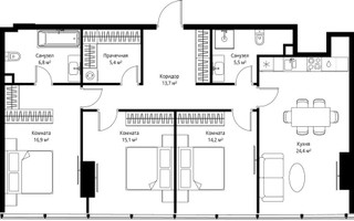 Планировка трехкомнатной(квартира) площадью 102 квадратных метров в “ЖК ОНЕ”