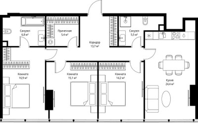 Планировка трехкомнатной(квартира) площадью 102 квадратных метров в ЖК “ЖК ОНЕ”