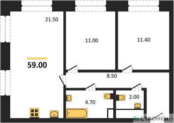 Планировка двухкомнатной(квартира) площадью 59 квадратных метров в ЖК “ЖК Обручева 30”