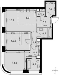 Планировка трехкомнатной(квартира) площадью 77.4 квадратных метров в ЖК “ЖК Амбер Сити”