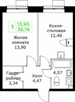 Планировка однокомнатной(квартира) площадью 38.76 квадратных метров в “ЖК КИТ 2”