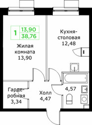Планировка однокомнатной(квартира) площадью 38.76 квадратных метров в ЖК “ЖК КИТ 2”