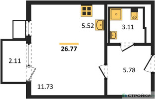 Планировка студии(квартира) площадью 26.77 квадратных метров в “ЖК Пригород Лесное”
