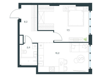 Планировка однокомнатной(квартира) площадью 44.4 квадратных метров в ЖК “ЖК Левел Южнопортовая”