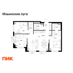 Планировка трехкомнатной(квартира) площадью 74.07 квадратных метров в ЖК “ЖК Ильинские луга”