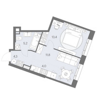 Планировка однокомнатной(квартира) площадью 38.7 квадратных метров в “ЖК Родина Переделкино”