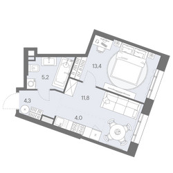 Планировка однокомнатной(квартира) площадью 38.7 квадратных метров в ЖК “ЖК Родина Переделкино”
