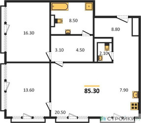 Планировка двухкомнатной(квартира) площадью 85.3 квадратных метров в ЖК “ЖК OPUS (Опус)”