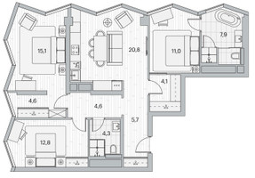 Планировка трехкомнатной(квартира) площадью 90.9 квадратных метров в “ЖК Береговой-2. Жилой квартал на Москве-реке”