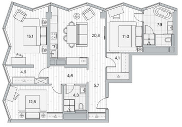 Планировка трехкомнатной(квартира) площадью 90.9 квадратных метров в ЖК “ЖК Береговой-2. Жилой квартал на Москве-реке”