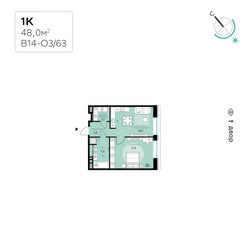 Планировка однокомнатной(квартира) площадью 48 квадратных метров в ЖК “СберСити в Рублево-Архангельском”