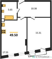 Планировка однокомнатной(квартира) площадью 49.5 квадратных метров в “ЖК Эльйон”
