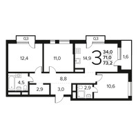 Планировка трехкомнатной(квартира) площадью 73.2 квадратных метров в “Новые Ватутинки. Заречный”
