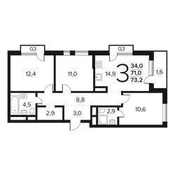 Планировка трехкомнатной(квартира) площадью 73.2 квадратных метров в ЖК “Новые Ватутинки. Заречный”