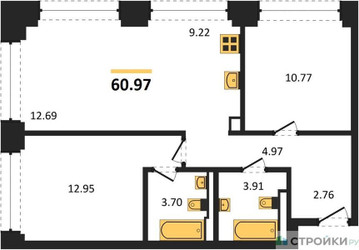 Планировка двухкомнатной(квартира) площадью 60.97 квадратных метров в ЖК “ЖК NOVA (Нова)”