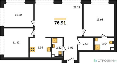 Планировка трехкомнатной(квартира) площадью 76.91 квадратных метров в ЖК “ЖК TATE (Тэйт)”