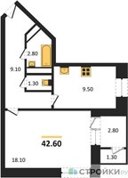 Планировка однокомнатной(квартира) площадью 43.8 квадратных метров в “ЖК Три квартала”